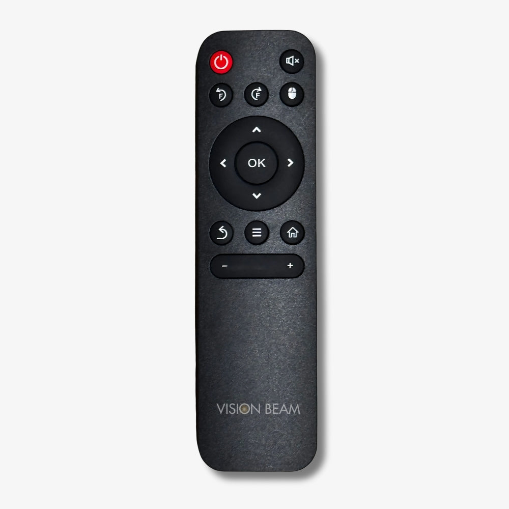 Photograph of a sleek black Vision Beam remote control on a white background featuring a prominent red power button, a central navigation pad with an OK button, and various white function icons